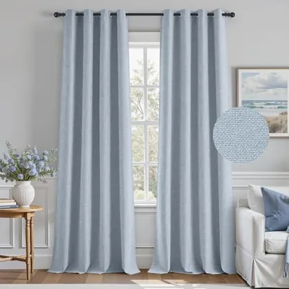 HOMEIDEAS 100% Blackout Light Blue Faux Linen Curtains 52W x 96L 2 Panels