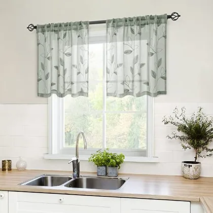 HOMEIDEAS Sage Green Kitchen Tier Curtains Leaf Embroidered