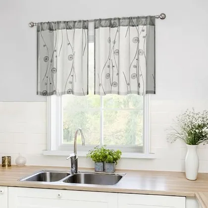 HOMEIDEAS Grey Sheer Kitchen Curtains 30 X 24 Inch Length 2 Panels