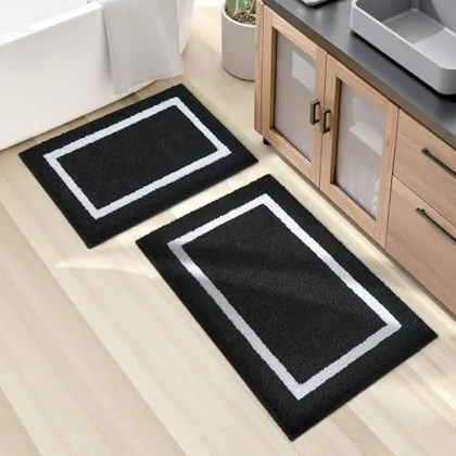 HOMEIDEAS Bathroom Rugs Sets 2 Piece Black and White 20 in x 32 in + 16 in x