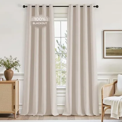 HOMEIDEAS 100% Blackout Beige Faux Linen Curtains 52W x 63L 2 Panels