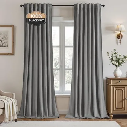 HOMEIDEAS 100% Blackout Velvet Curtains Grey 108'' 2 Panels for Bedroom