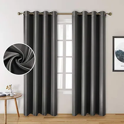 HOMEIDEAS Faux Silk Dark Grey Blackout Curtains 52W x 84L 2 Panels