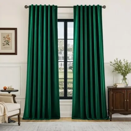HOMEIDEAS 100% Blackout Faux Silk Hunter Dark Green Curtain 108''L 2 Panels