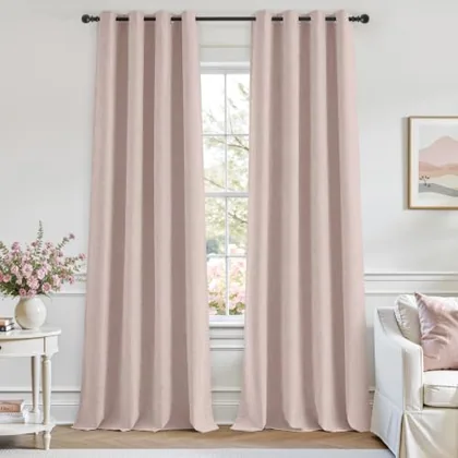 HOMEIDEAS 100% Blackout Blush Pink Linen Curtains 52W x 96L 2 Panels