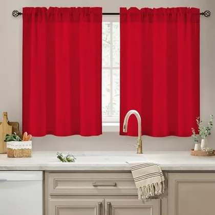 HOMEIDEAS Non-See-Through Red Sheer Kitchen Curtains