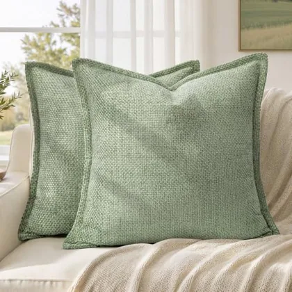 HOMEIDEAS Woven Sage Green Chenille Farmhouse Pillow Covers 20x20 Set of 2