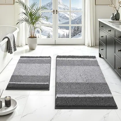 HOMEIDEAS Grey Bathroom Rugs Set of 2