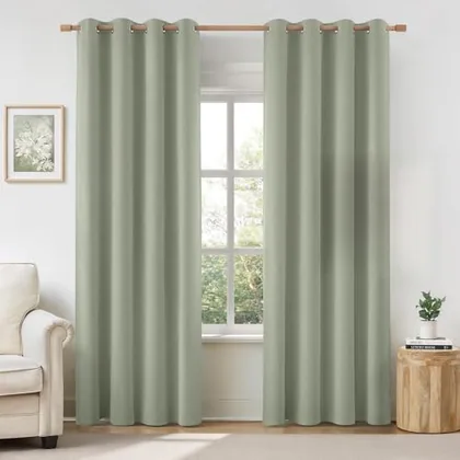 HOMEIDEAS 100% Blackout Sage Green Linen Curtains 52W x 84L 2 Panels