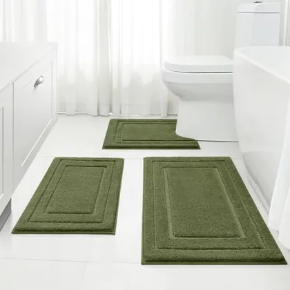 HOMEIDEAS Olive Green Bathroom Rugs Set of 3