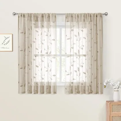 HOMEIDEAS Taupe Kitchen Sheer Curtains Leaf Embroidered