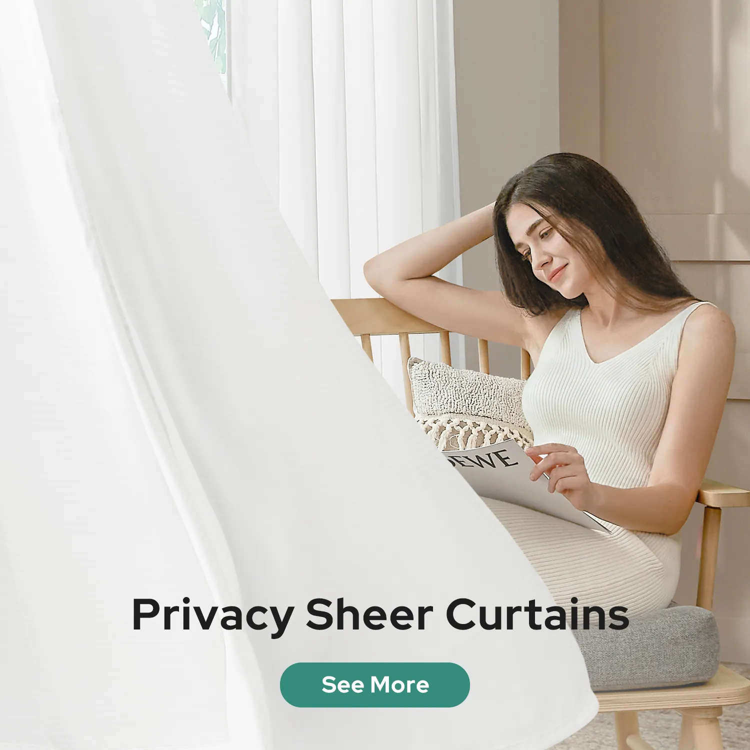 A privacy sheer panel drawn across a window, seen from inside