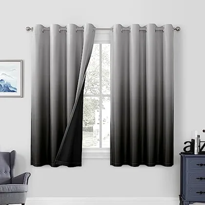 HOMEIDEAS Ombre 100% Blackout Black Curtains 52W x 63L 2 Panels