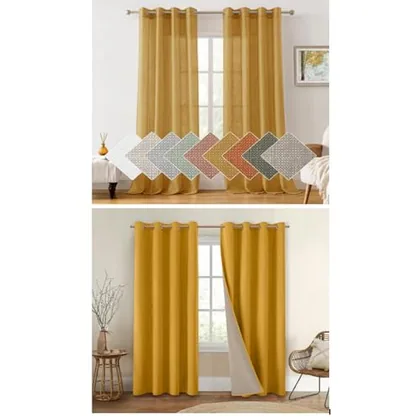 HOMEIDEAS Yellow Linen Sheer Curtains and 100% Blackout Curtains 2 Panels
