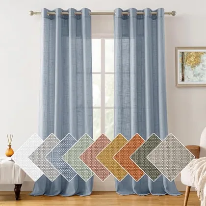 HOMEIDEAS Stone Blue Linen Textured Sheer Curtains