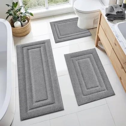 HOMEIDEAS Grey Bathroom Rugs Set of 3