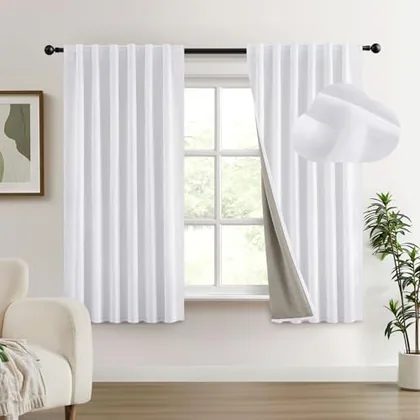 HOMEIDEAS 100% Chenille Blackout Curtains for Bedroom White Curtains 63 Inch