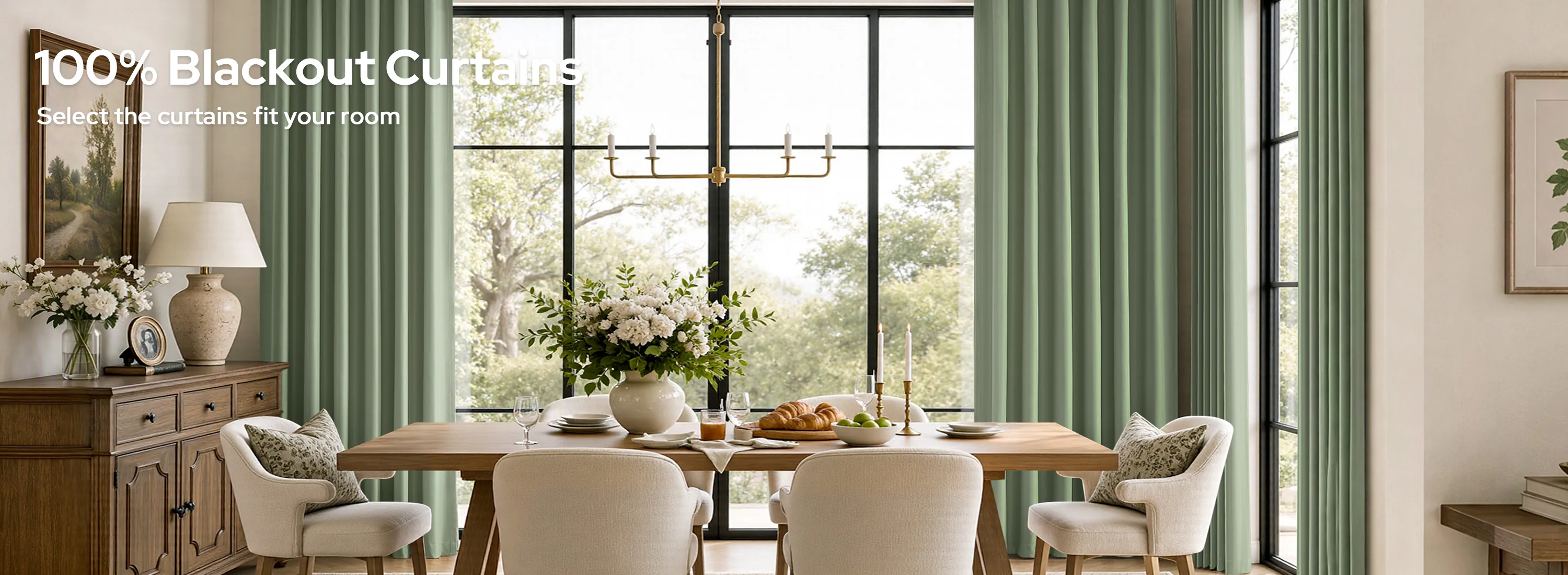 Our sage blackout curtains in a dining room, drawn back on a black rod