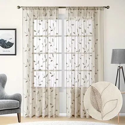 HOMEIDEAS Taupe Sheer Curtains Leaf Embroidered