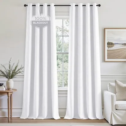 HOMEIDEAS 100% Blackout White Linen Curtains 52W x 84L 2 Panels