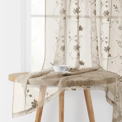 HOMEIDEAS Taupe Sheer Curtains 84 Inches Long 2 Panels Beige Embroidered