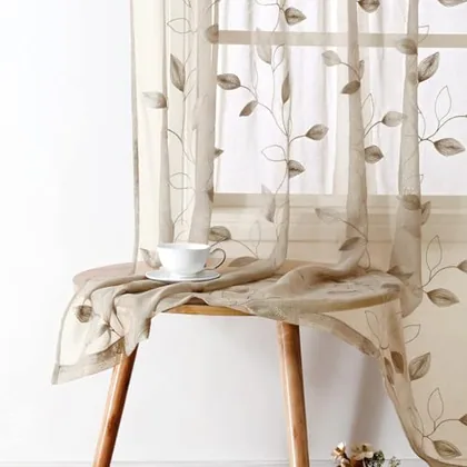 HOMEIDEAS Taupe Sheer Curtains Leaf Embroidered