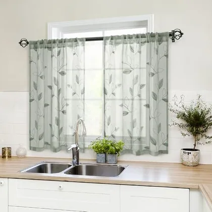 HOMEIDEAS Sage Green Kitchen Tier Curtains Leaf Embroidered