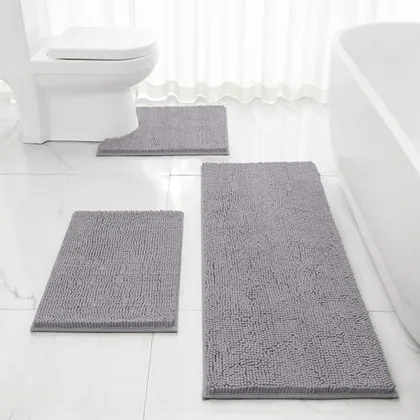 HOMEIDEAS Grey Long Chenille Bathroom Rugs Set of 3