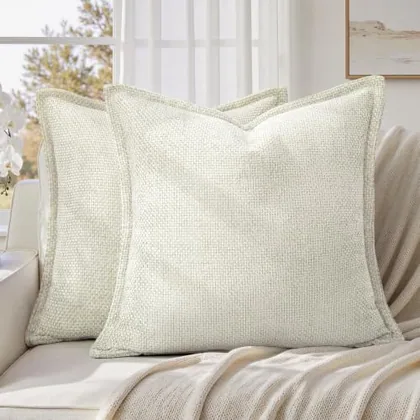 HOMEIDEAS Woven Cream Chenille Farmhouse Pillow Covers 24x24 Set of 2