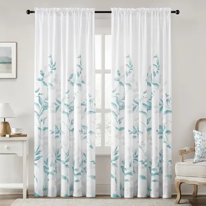 HOMEIDEAS Non-See-Through Teal and White Privacy Sheer Curtains